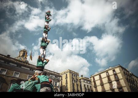 23. September 2017 - Barcelona, Katalonien, Spanien - die Casteller de Vilafranca bauen während Barcelonas Stadtferien „La Merce“ eine menschliche Säule (Bild: © Matthias Oesterle Via ZUMA Wire) Stockfoto