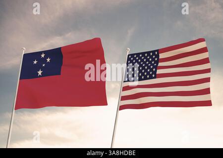 Beziehungen zwischen den Ländern der Vereinigten Staaten von Amerika USA und SAMOA, dargestellt durch das Konzept von zwei Flaggen, die gegen einen bewölkten Himmel schwenken.3d r Stockfoto