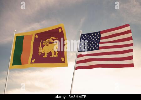 Beziehungen zwischen den Ländern der Vereinigten Staaten von Amerika USA und SRI LANKA, dargestellt durch das Konzept von zwei Flaggen, die gegen einen bewölkten Himmel schwenken. Stockfoto