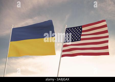Beziehungen zwischen den Ländern der Vereinigten Staaten von Amerika USA und DER UKRAINE, dargestellt durch das Konzept von zwei Flaggen, die gegen einen bewölkten Himmel schwenken.3d Stockfoto