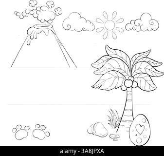 Naturrahmen aus Jurazeit, Vektorelemente, Natur, schwarzer Vulkan, Palme im Cartoon-Stil. Dinosaurierei Stock Vektor