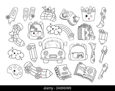 Clipart-Set für Modellelemente der Schule. Materialien wie Tasche, Bleistift, Buch, Schulbus, Textmarker, Buntstifte und Pinselclips Stock Vektor
