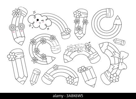 Clipart-Set mit Bleistift-Kontur. Schreibmaterial für die Schule in flacher Skizzenlinie Art kinder pädagogische Elemente Clip Art Sammlung gebogene Holzobjekte Stock Vektor