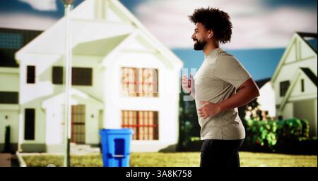 Afrikanische Athleten rennen zielgerichtet und entschlossen durch die Straßen der Stadt. Sportler gibt dem Joggen am Morgen neue Energie Stockfoto