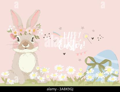 Glückwunschkarte mit süßem Häschen und Blumen Stock Vektor