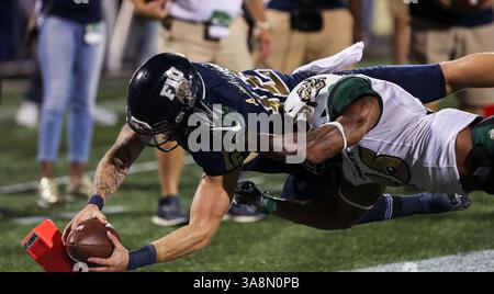 30. September 2017: Der FIU Panthers Quarterback Alex McGough (12) taucht in die Endzone für einen Touchdown ein, als Charlotte 49ers Defensivverteidiger Denzel Irvin (25) den Zug während des NCAA Football Spiels zwischen den Charlotte 49ers und den FIU Panthers im Riccardo Silva Stadium in Miami, Florida, nicht eindämmen kann. Die FIU Panthers gewannen mit 30:29. Mario Houben/CSM(Kreditbild: &Copy; Mario Houben/CSM via ZUMA Wire) Stockfoto