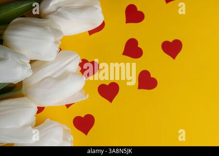 Frische und schöne weiße Tulpen auf gelbem Papier mit roten Herzen, roten Herzen und weißen Tulpenblüten auf gelbem Papier, Nahaufnahme Stockfoto