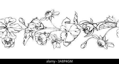Frühe Frühlingsblumen in trockenen Blättern, weiße Waldwolkenbeere Anemone Primrose Ephemera, Hand gezeichnete Vektortinte. Nahtlose Bannergirlande isoliert Stock Vektor