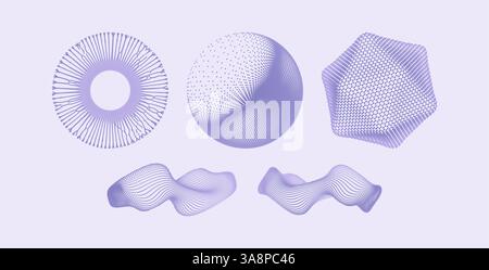 Kristalle, Kugeln und Wellen, die aus kleinen Partikeln bestehen. Objekte mit Punkten. Molekulares Gitter. 3D-Vektordarstellung. Futuristische Verbindungsstruktur Stock Vektor