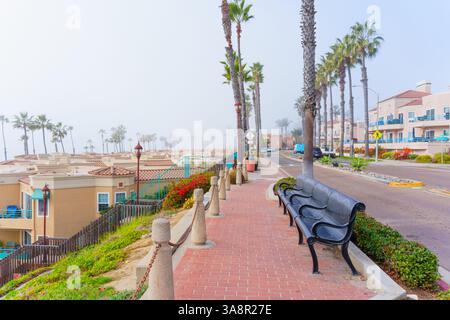 Oceanside, Kalifornien - 3. Januar 2025: Ruhiger, von Palmen und Bänken gesäumter Fußweg mit Blick auf die Häuser an der Küste in Oceanside, Kalifornien, Capture Stockfoto
