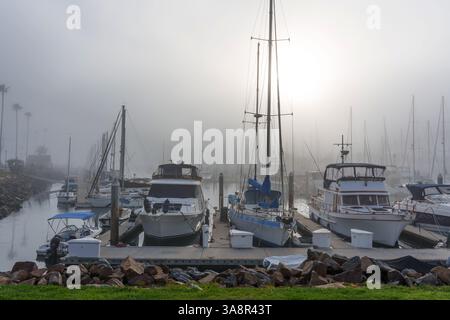 Oceanside, Kalifornien - 3. Januar 2025: Ruhiger Yachthafen in Oceanside, Kalifornien, bei Sonnenuntergang mit Booten, die in Nebel gehüllt sind, für eine ruhige Atmosphäre Stockfoto