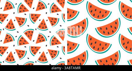 Dreieck halbe Wassermelonenscheiben mit Seeds nahtloses Muster Tropical Fruits Hintergrundkonzept Set 2. Isolierte Vektor-Illustration Thematische Manu-Karten Hintergrundbild, Posting oder Web Promo Banner, Broschüren Stock Vektor