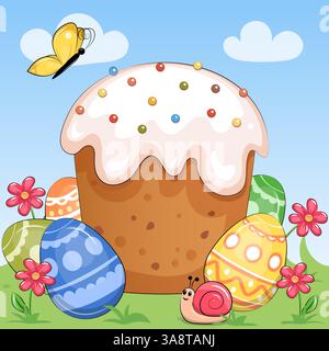Süßes Comic Osterbrot mit Ostereiern mit Blumen, Schmetterling und Schnecke. Feiertagsvektorillustration von traditionellem Essen auf einem blauen Hintergrund. Stock Vektor