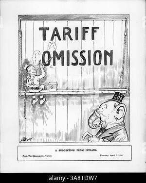 Der Zeichentrick zeigt einen Mann mit der Bezeichnung Indiana, der ein politisches Zeichen für die Tariff Commission mit einem G.O.P. Elefant für politische Kommentare darstellt. Das Bild kritisiert das Tarifgesetz Payne Aldrich und schlägt eine tarifkommission vor. Stockfoto