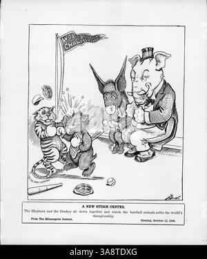 Dieser politische Zeichentrick aus dem Rückkampf der World Series 1907 zeigt humorvoll die Elefanten (Republikaner) und Esel (Demokraten), die zwei Baseballteams, die Detroit Tigers und Chicago Cubs, beobachten und reflektieren über die politische Dynamik und die spätere 100-jährige Dürre der Cubs. Stockfoto