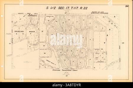 Dieser Satz historischer Karten für Minnetonka Village enthält detaillierte Grundstückseigentum, Streckenabschnitte, Eisenbahnstrecken und eine Indexkarte, um Landzugänge und -Änderungen zu verfolgen. Stockfoto