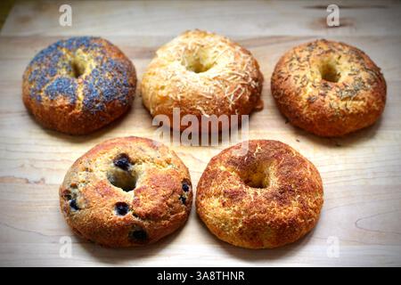 Frisch gebackene Bagels mit verschiedenen Belägen auf einem hölzernen Küchenbrett. Stockfoto