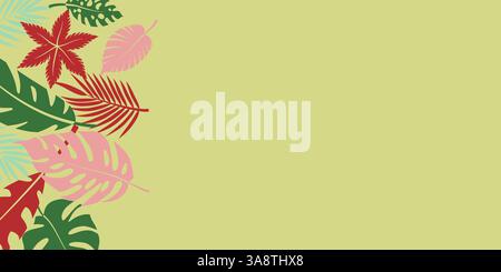 Vektor-Illustration mit stilisierten tropischen Blättern in verschiedenen Farben, einschließlich Rot, Rosa, vor einem weichen, hellgrünen Hintergrund. Stock Vektor