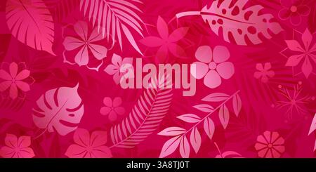 Eine lebendige Vektor-Illustration mit tropischen Blättern und Blumen in satten roten Tönen, perfekt für Sommer-Motive. Stock Vektor