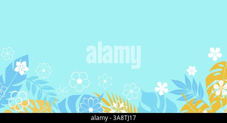 Eine lebendige Vektor-Illustration mit tropischen Blumen und üppigen Blättern vor einem hellblauen Hintergrund, perfekt für Sommer-Motive. Stock Vektor