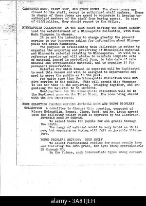 Das offizielle Bulletin der Minneapolis Public Library von 1940 ist eine wöchentliche Publikation, die die Mitarbeiter der Bibliothek über Richtlinienänderungen, Ereignisse und Vorgänge auf dem Laufenden hält. Stockfoto