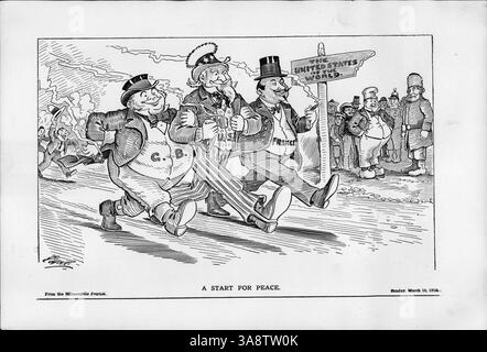 Dieser politische Zeichentrick zeigt Onkel Sam, John Bull und Frankreich, die Arm in Arm in Richtung der „Vereinigten Staaten der Welt“ gehen. Es verweist auf die Zustimmung des US-Senats zu geänderten Schiedsverträgen mit Frankreich und Großbritannien, die am 8. März veröffentlicht wurden. Stockfoto