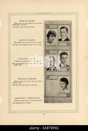 Das „Hesperian“ Jahrbuch 1916 der West High School zeigt die Leistungen von Schülern, Lehrern und Mitarbeitern. Es geht um Vereine, Leichtathletik, und andere wichtige Ereignisse des Schuljahres 1915-1916. Stockfoto