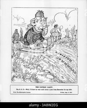 Ein politischer Zeichentrick zeigt den republikanischen Elefanten auf einem Schlitten und symbolisiert die Verzögerung von Zolländerungen, die durch den Kongress in der Pause entstanden sind. Der Zeichentrick spiegelt den politischen Humor der Zeit wider. Stockfoto