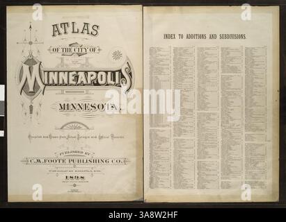 Dieser Atlas von Minneapolis bietet eine detaillierte Karte der Grundstücke der Stadt, mit Vermessungen und Plattformflächen, die Streckenabschnitte, Eisenbahnlinien, Bahnhöfe, Friedhöfe, Parks, und Gebäudetypen. Stockfoto