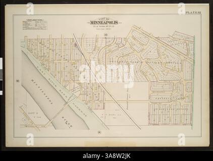 Dieser detaillierte atlas bietet Vermessungen und Plattformflächen von Minneapolis, die Streckenabschnitte, Eisenbahnen, Parks, Kanalisationen, Wasserleitungen und Friedhöfe. Sie enthält einen Index für Unterteilungen und Ergänzungen auf der Grundlage amtlicher Aufzeichnungen. Stockfoto