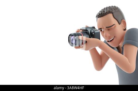 3D-Charaktermann, der mit der Kamera fotografiert, Illustration isoliert auf weißem Hintergrund Stockfoto