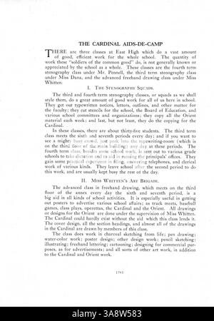Die Ausgabe 1916 des Jahrbuchs „The Cardinal Tenth Anniversary Number“ erinnert an das Schuljahr 1915-1916 mit detaillierten Aufzeichnungen über Schüler, Lehrkräfte, Leichtathletik und außerschulische Aktivitäten. Stockfoto