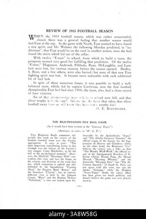 Dieses Jahrbuch der East High 1916, „The Cardinal Tenth Anniversary Number“, deckt das Schuljahr 1915-1916 ab und dokumentiert Ereignisse, Leichtathletik, Studentenclubs und Lehrkräfte. Stockfoto