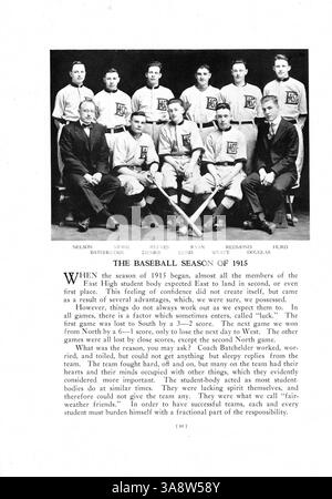 Das Jahrbuch „The Cardinal Tenth Anniversary Number“ von 1916 dokumentiert Schülerschaft, Lehrkörper, Leichtathletik und Clubs der East High School aus dem Schuljahr 1915-1916. Stockfoto