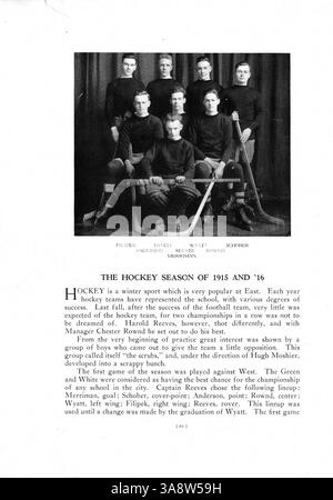 Das Jahrbuch „Cardinal Tenth Anniversary Number“ 1916 dokumentiert die Schüler, Lehrkräfte, Leichtathletik und Vereine der East High School während des Schuljahres 1915-1916. Stockfoto