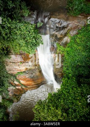 Das Bild zeigt den geheimen Wasserfall in Illukpelessa, Sri Lanka, umgeben von dichtem tropischem Grün. Das Wasser kaskadiert über zerklüftete Felsen in eine Tra Stockfoto