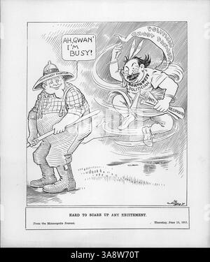 Ein politischer Zeichentrick aus der Ausgabe der Minneapolis Tribune vom 14. Juni 1913, der einen Politiker aus dem Nordwesten in einem Geisterkostüm zeigt, der versucht, einen Bauern zu erschrecken, damit er sich einem Reziprozitätsgesetz widersetzt. Viele glaubten, dass ländliche Opposition erfunden wurde. Stockfoto