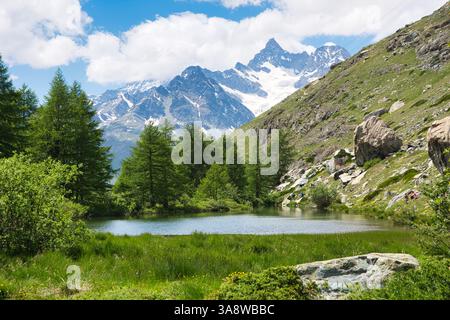 Wandern in Zermatt, Matterhorn, schöner See und Fluss, Schweizer Alpen. Hochwertige Fotos Stockfoto