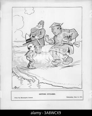 Die Ausgabe der Minneapolis Tribune vom 10. Juni 1911 zeigte einen politischen Zeichentrick, der Chinas Forderung nach einer Entschädigung von zwölf Millionen Pesos aus Mexiko nach dem Tod chinesischer Staatsangehöriger während des revolutionären Feldzugs in Torreon illustrierte. Stockfoto