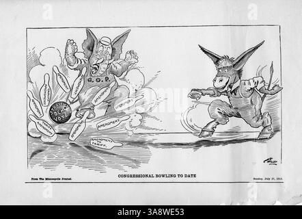 Dieser politische Zeichentrick zeigt einen demokratischen Esel, der eine Bowlingkugel mit der Aufschrift „Straight Dem.“ wirft. Stimmen“, indem sie Pins mit der Bezeichnung „Tariff Amendment“ niederschlagen, während ein republikanischer Elefant zusieht. Sie verweist auf die demokratischen Senatoren, die alle von den Republikanern vorgeschlagenen Änderungen des Tarifgesetzes ablehnen, wie von der New York Times berichtet. Stockfoto