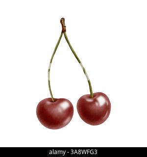 Ein paar frische, reife Kirschen auf einem Obstzweig, glänzende rote saftige Beeren in Aquarellfarben handgezeichnet isolierte Illustration als Topping für Saft, Marmelade Stockfoto