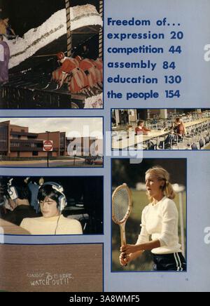Windigo 76, das Jahrbuch der Edina West High für 1976, bietet einen vollständigen Überblick über das Schuljahr 1975-1976. Es enthält Abschnitte über Schüler, Dozenten, Vereine, Leichtathletik und große Schulveranstaltungen, die dieses Jahr prägten. Stockfoto