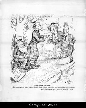 Ein politischer Zeichentrick zeigt Uncle Sam, der Football Dope and Wheat Estate begrüßt, während er war Talk hinter sich lässt. Das Bild kommentiert die Verschiebung des Nachrichtenfokus vom Krieg auf innenpolitische Angelegenheiten während des Russisch-Japanischen Krieges. Stockfoto