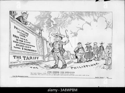 Dieser politische Zeichentrick zeigt, wie Onkel Sam über eine Zollmauer zu den Philippinen greift und einem philippinischen Mann Waren anbietet, während Beamte anderer Länder beobachten. Die Bildunterschrift deutet humorvoll darauf hin, dass der Filipino, wenn die Zollwand entfernt würde, alle seine Artikel aus den USA kaufen würde Stockfoto