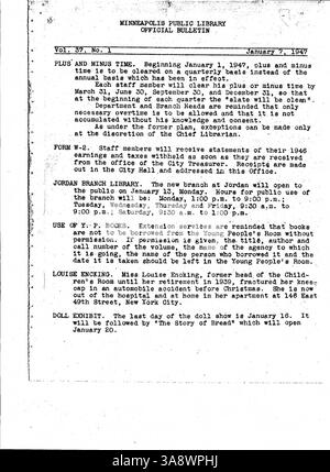 Das offizielle Bulletin der Minneapolis Public Library von 1947 ist ein wöchentliches Bulletin für Mitarbeiter, das Updates, Ankündigungen und bibliotheksbezogene Informationen enthält. Stockfoto