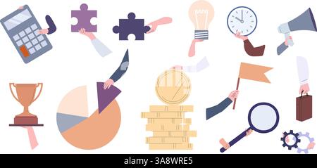 Hände, die verschiedene Büroartikel halten. Goldene Trophäe, Münzen Flaggenpuzzleteile, Lupe, Megaphon. Finanzen, Job, Investitionsvektor Stock Vektor