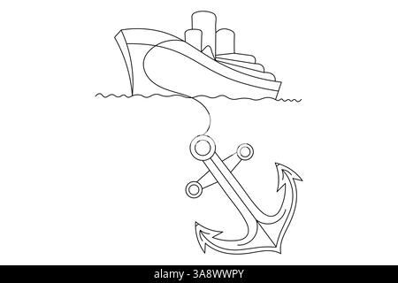 Schiffsanker in durchgehender einzeiliger Kunst und digitaler Illustration Vektor-Symbol Stock Vektor