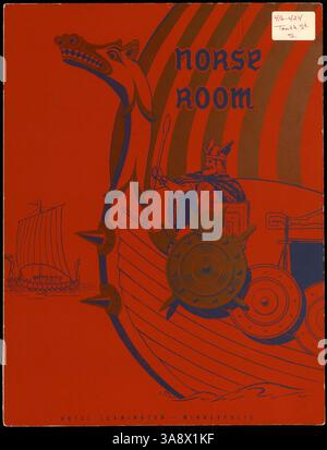 Ein zweigefaltetes Abendmenü aus dem Norse Room mit Wikinger- und Schiffsdesign in Rot, Blau und Gold auf dem Cover. Auf der Speisekarte stehen Vorspeisen, Suppen, Hauptgerichte, Salate, a-la-carte-Optionen und Desserts sowie Verweise auf andere Hotels, die Tagungs- und Partydienste anbieten. Stockfoto