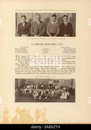 In dieser Ausgabe des Wizard Yearbook von der Edison High School aus dem Jahr 1933 sind wichtige Momente aus dem Schuljahr 1932-1933 aufgezeichnet, darunter sportliche Leistungen, akademische Leistungen und Aktivitäten der Schüler. Stockfoto