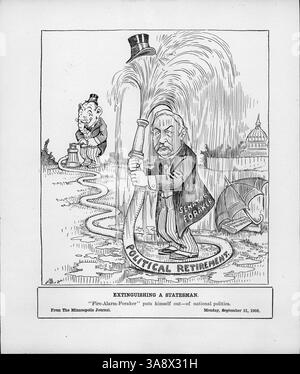 Der Zeichentrick „Löschen eines Staatsmannes“ zeigt humorvoll den Fall von Senator Joseph B. Foraker aus politischer Gnade, nachdem bekannt wurde, dass er Zahlungen von Standard Oil erhielt. Das Bild zeigt den republikanischen Elefanten, der einen Schlauch mit der Bezeichnung "politischer Ruhestand" benutzt, um Foraker zu entwässern, was seinen Sturz aus der nationalen Politik symbolisiert. Stockfoto